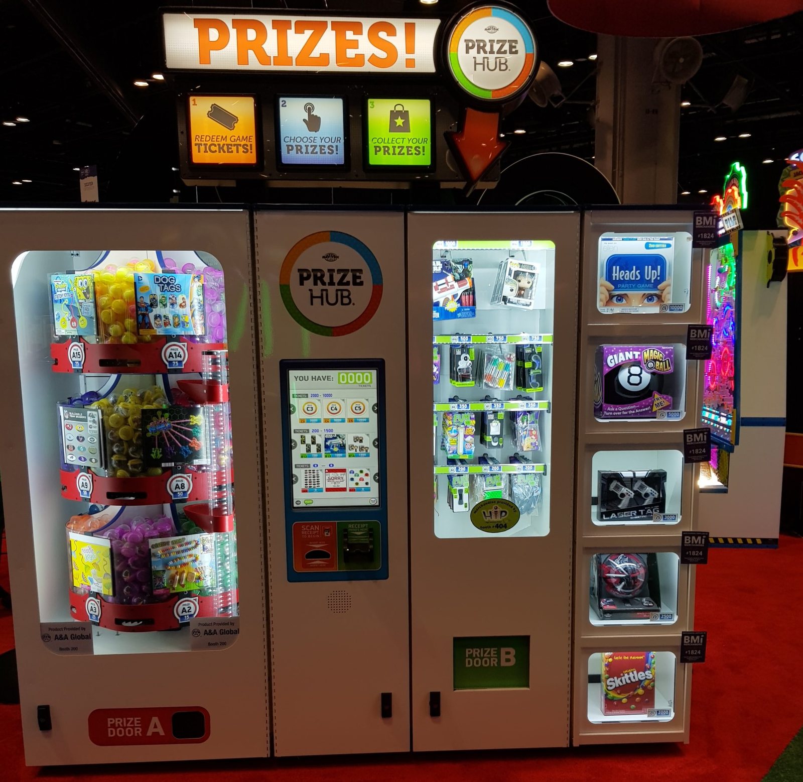 Prize Hub prize vending machine with lit doors of toys and candy